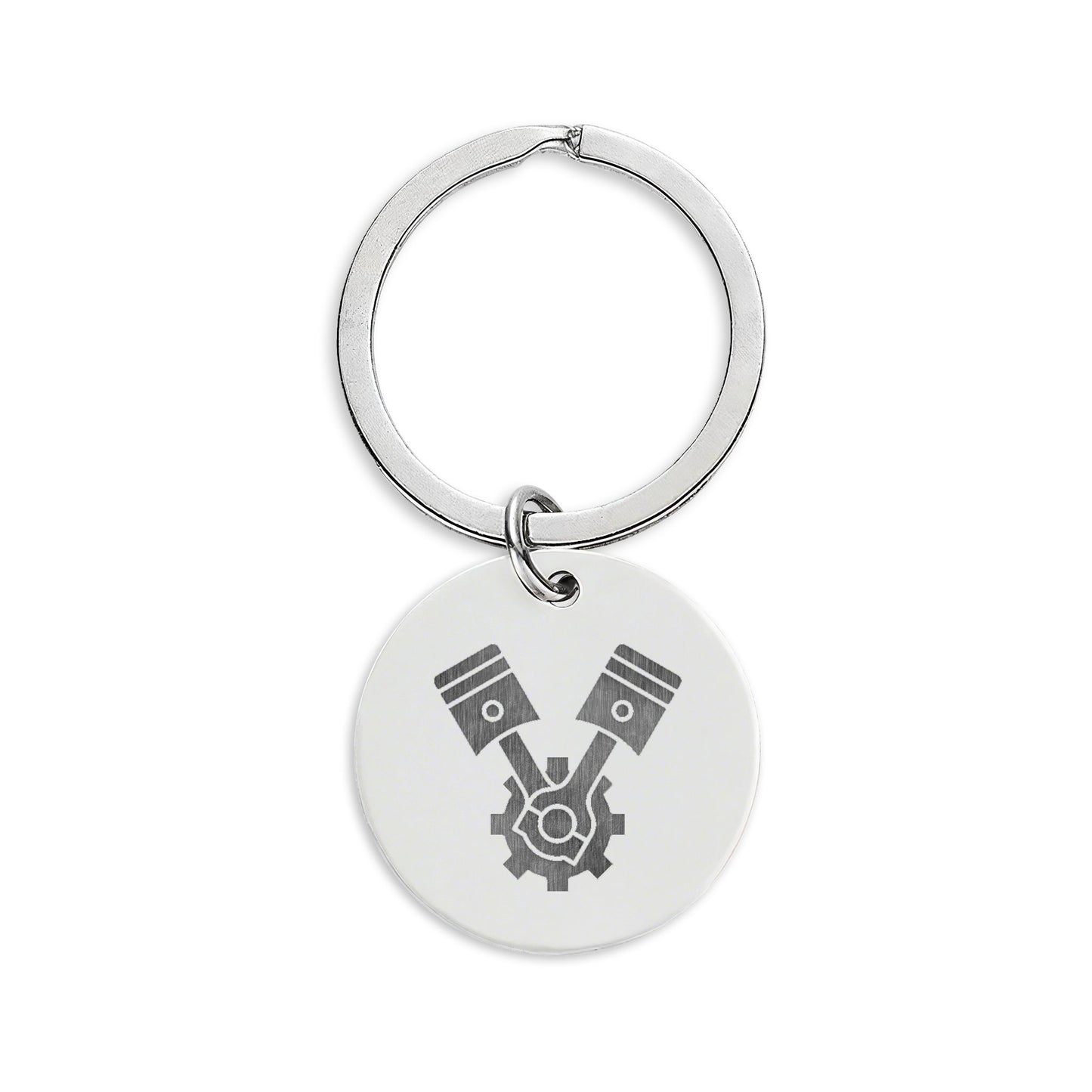 Engraved Stainless Steel Round Keychain — V‑Twin Engine Design
