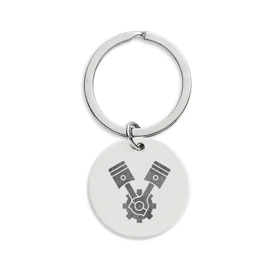 Engraved Stainless Steel Round Keychain — V‑Twin Engine Design