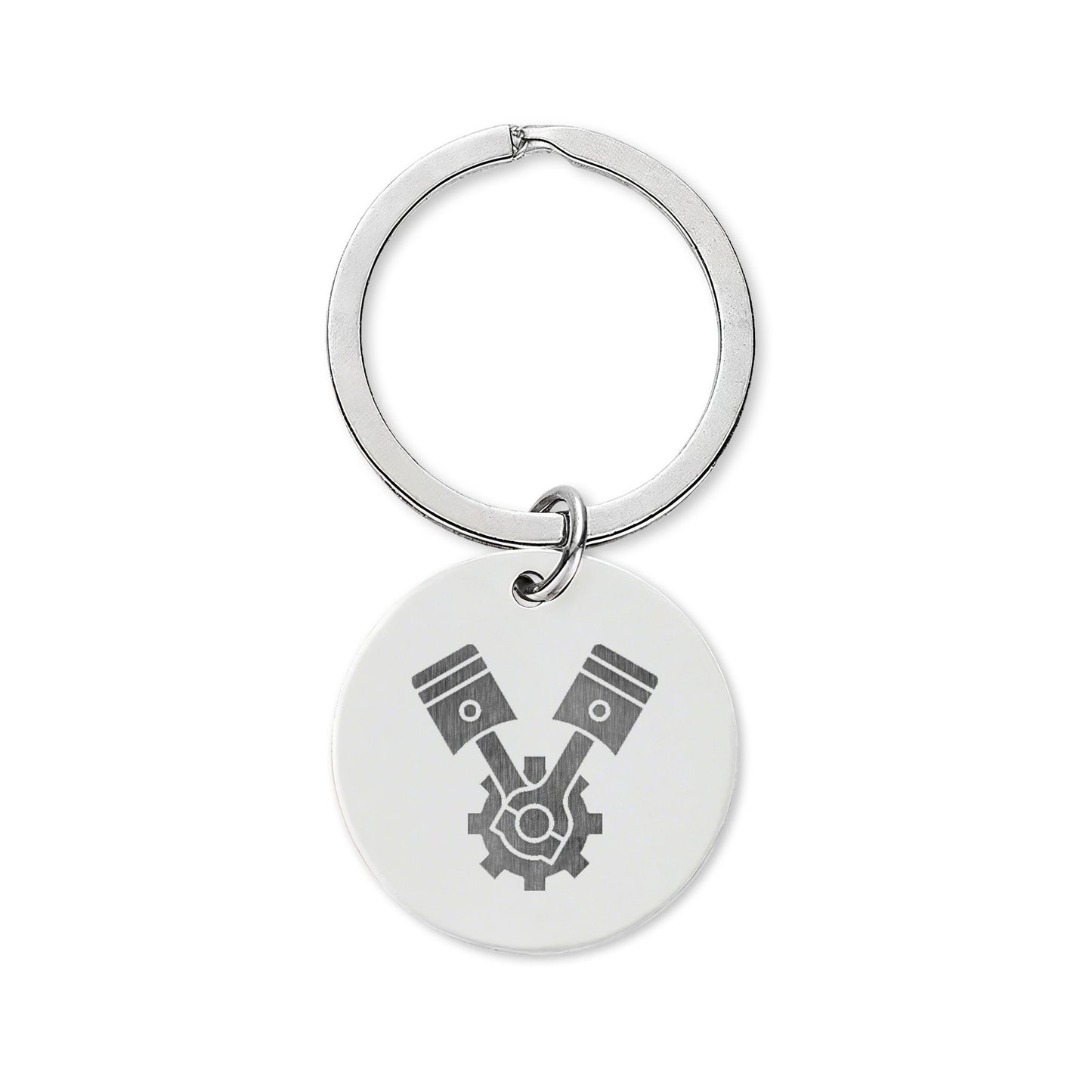 Engraved Stainless Steel Round Keychain — V‑Twin Engine Design